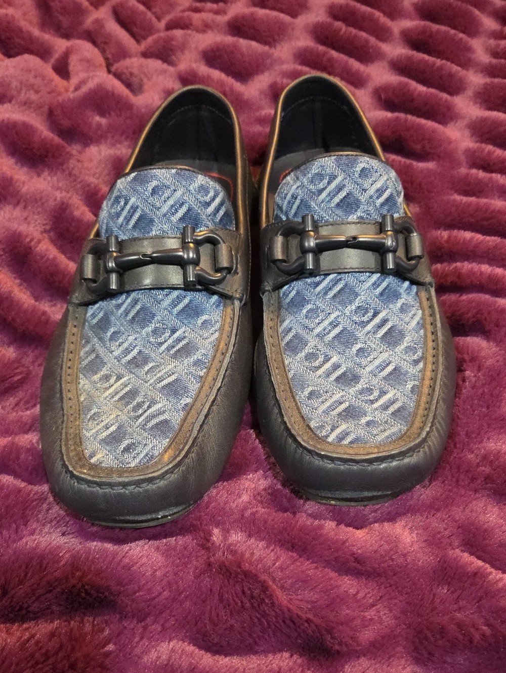 Men's Ferragamo Blue Denim-Pattern Slip-On Loafers with Black Trim